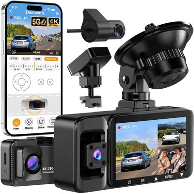 3 Channel Dash Cam, Ultra HD 4K+1080P+1080P & 170+150+150 Wide-Angle Dash Cam Front and Rear Inside, 64GB Card Included, G-Sensor, Loop Recording, 24H Parking Monitor, Night Vision, 5GHz WiFi