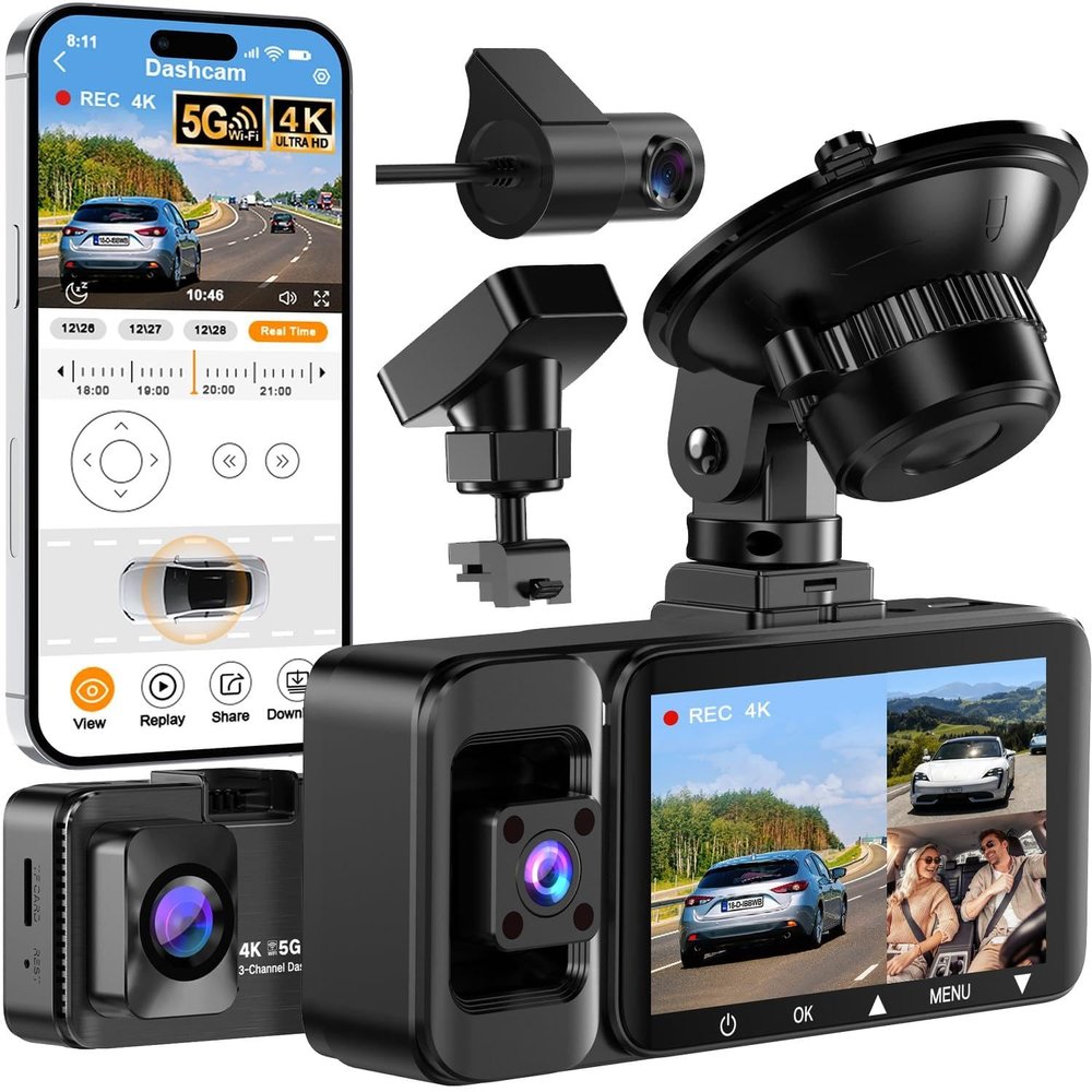 3 Channel Dash Cam, Ultra HD 4K+1080P+1080P & 170+150+150 Wide-Angle Dash Cam Front and Rear Inside, 64GB Card Included, G-Sensor, Loop Recording, 24H Parking Monitor, Night Vision, 5GHz WiFi