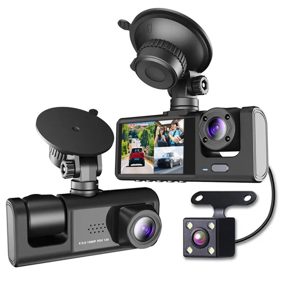 1080P Dash Camera for Car,3 Channel Front and Rear Inside Dashcam Car Video Recorder,170Wide Angle Vehicle Cam with 32G Card,G-Sensor,2 IPS Screen,Loop Recording (3 Channel Dash Cam Without Card)