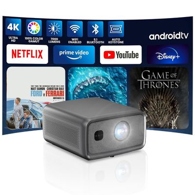 Boss S8A 4K Projector, 7000 Lumens, Android 12, 3GB RAM 128GB Storage, Actual 3D, WiFi & Bluetooth, Home Theater Projector with Free 60" Screen & Mount, Netflix/Prime/YouTube Compatible