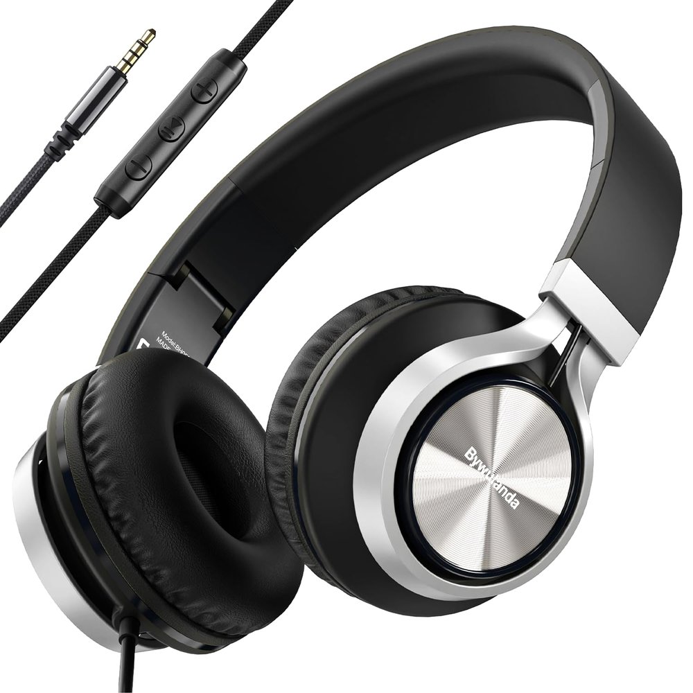 Bywulanda Headphones Wired with Mic and Volume Control, Over Ear Wired Headphones, Lightweight, Foldable Corded Stereo 3.5mm Headset for Tablet/Chromebook/Computer/Adult/Teens(Black)