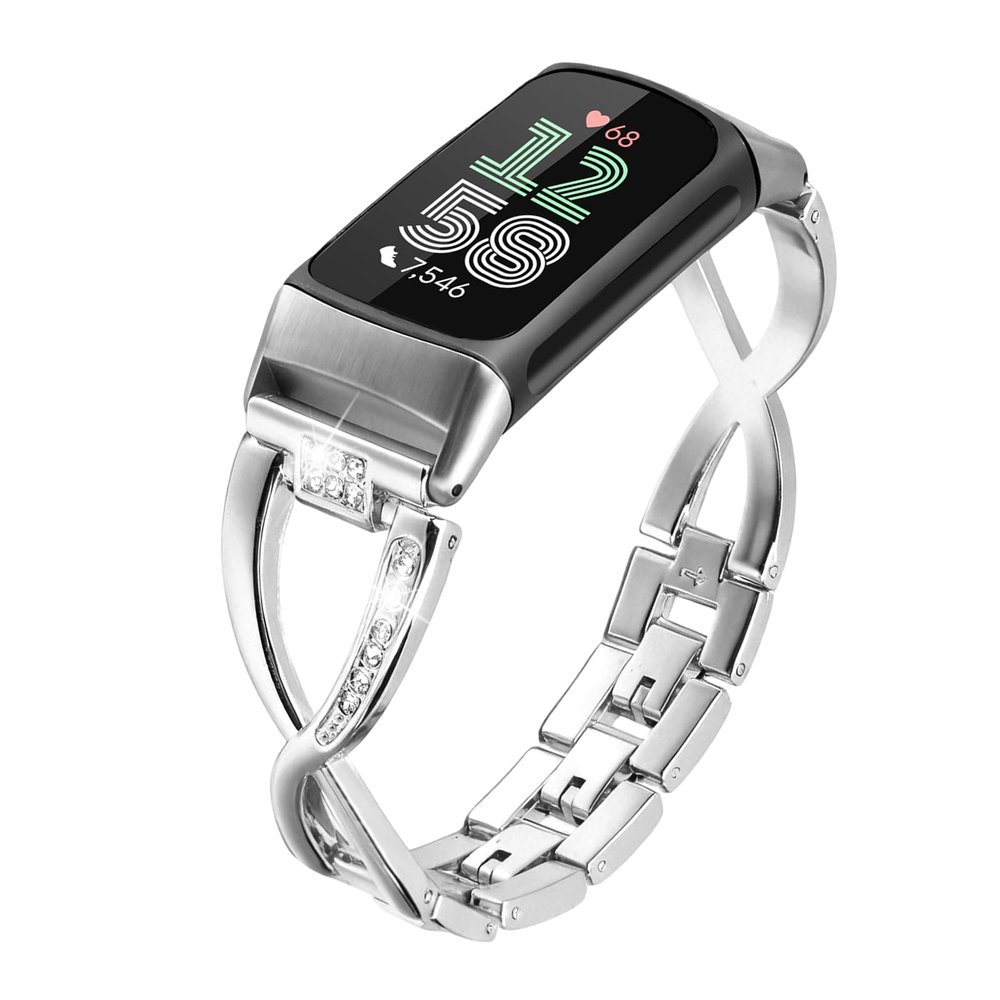 Mtozon Dressy Bling Bands Compatible with Fitbit Charge 6/5 Women Stainless Steel Replacement Wristbands, Silver