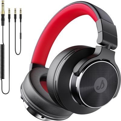 Rumoon Wired Over Ear Headphones, Studio Monitor & Mixing DJ Headphones with 50mm Neodymium Drivers and 1/4 to 3.5mm Jack for Guitar Podcast AMP Piano Keyboard (Black-Red)