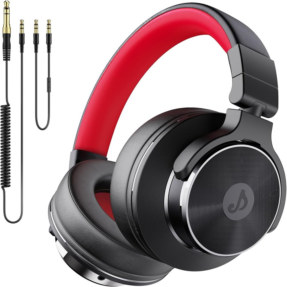 Rumoon Wired Over Ear Headphones, Studio Monitor & Mixing DJ Headphones with 50mm Neodymium Drivers and 1/4 to 3.5mm Jack for Guitar Podcast AMP Piano Keyboard (Black-Red)
