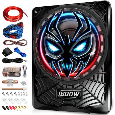 1600W Slim Underseat subwoofers 10" Powered Sub with Amp Package | RGB Ambient Lights, Individual Controls (LPF/Gain/Bass Boost), Distortion-Free Deep Bass, Universal Fit for All Vehicle Models