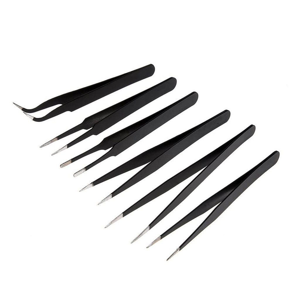 EWUROI Anti-Static Stainless Steel Tweezers Precision Maintenance Industrial Repair Curved Too Working