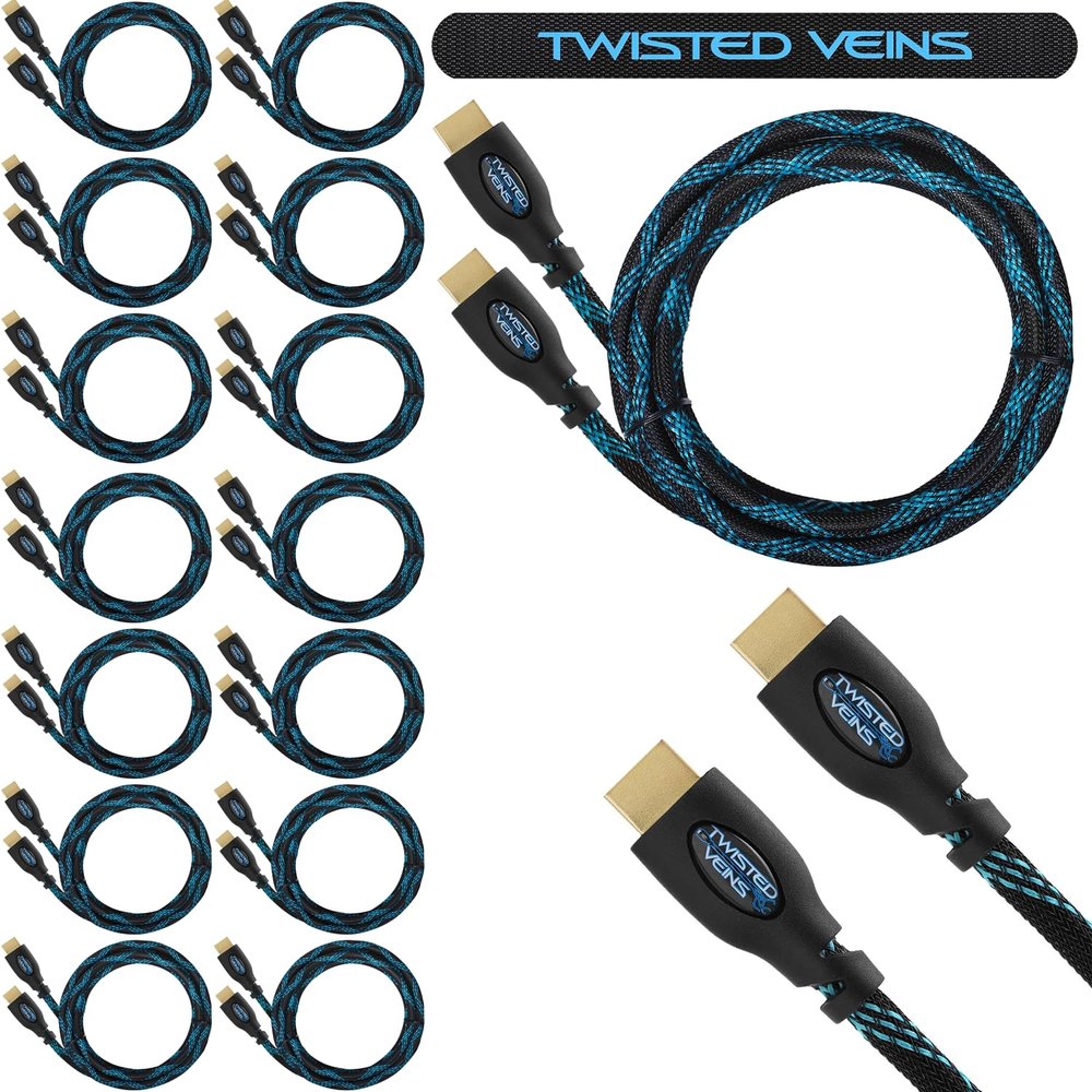 Twisted Veins 15-Pack of 10 ft HDMI Cables, Premium Braided Cord, High Speed with Ethernet, Supports HDMI 2.0b 4K 60hz HDR and ARC