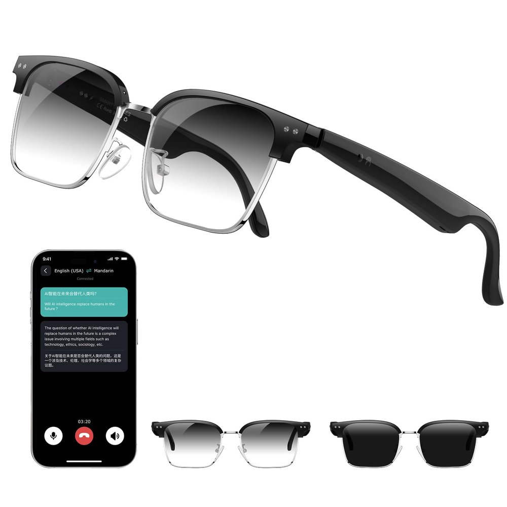 WERZONGTONG Smart AI Translation Glasses, 164 Languages Real-Time Translator, Black Plastic Frame, Bluetooth 6.0, IP67 Waterproof, Voice Assistant for Business Travel (photochromic Lenses)