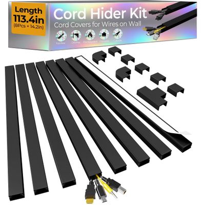 113.4in Cord Hider Kit, Cord Covers for 2-4 Wires on Wall, Self-Adhesive Cable Hider Wire Covers for Cords on Wall, Easy Set-up Cord Hider for Walls Mount Tv, Cable Cover Raceway, W0.95 H0.55in, Black