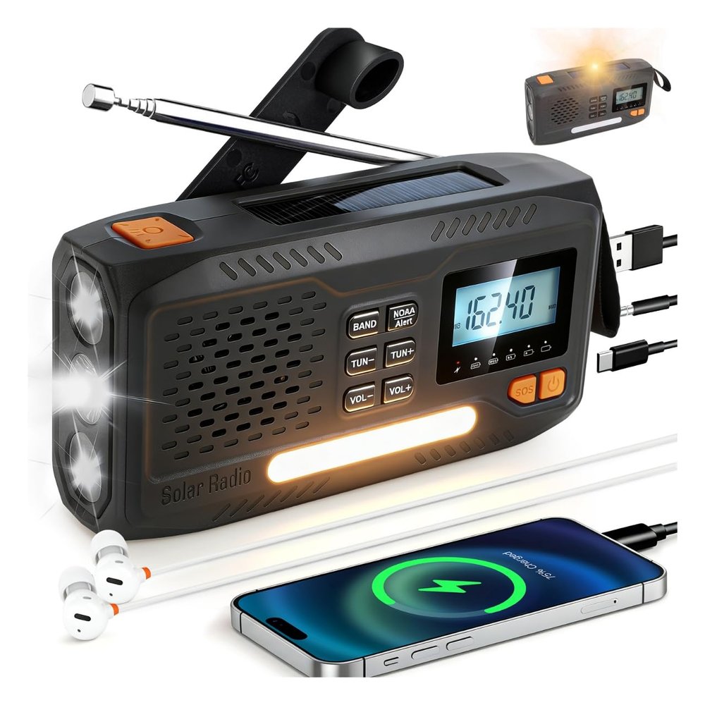Emergency Crank Radio,NOAA Weather Alert,Solar Portable AM/FM,7400 mWh