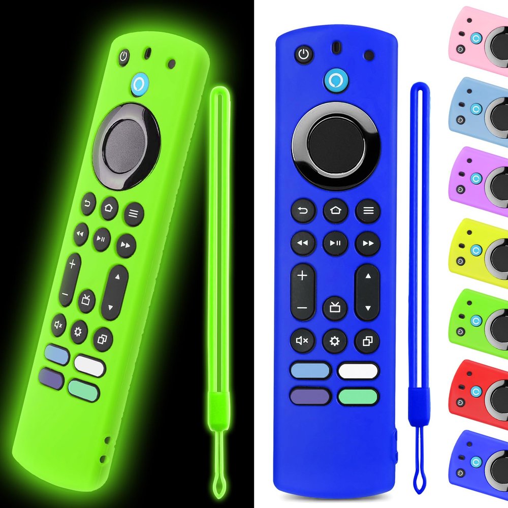 (2 Pack) ONEBOM Silicone TV Remote Cover, (6.2 Inch*1.5 Inch) Anti Slip Silicone Protective Case with Same Color LanyardGlow Green&Deep Blue