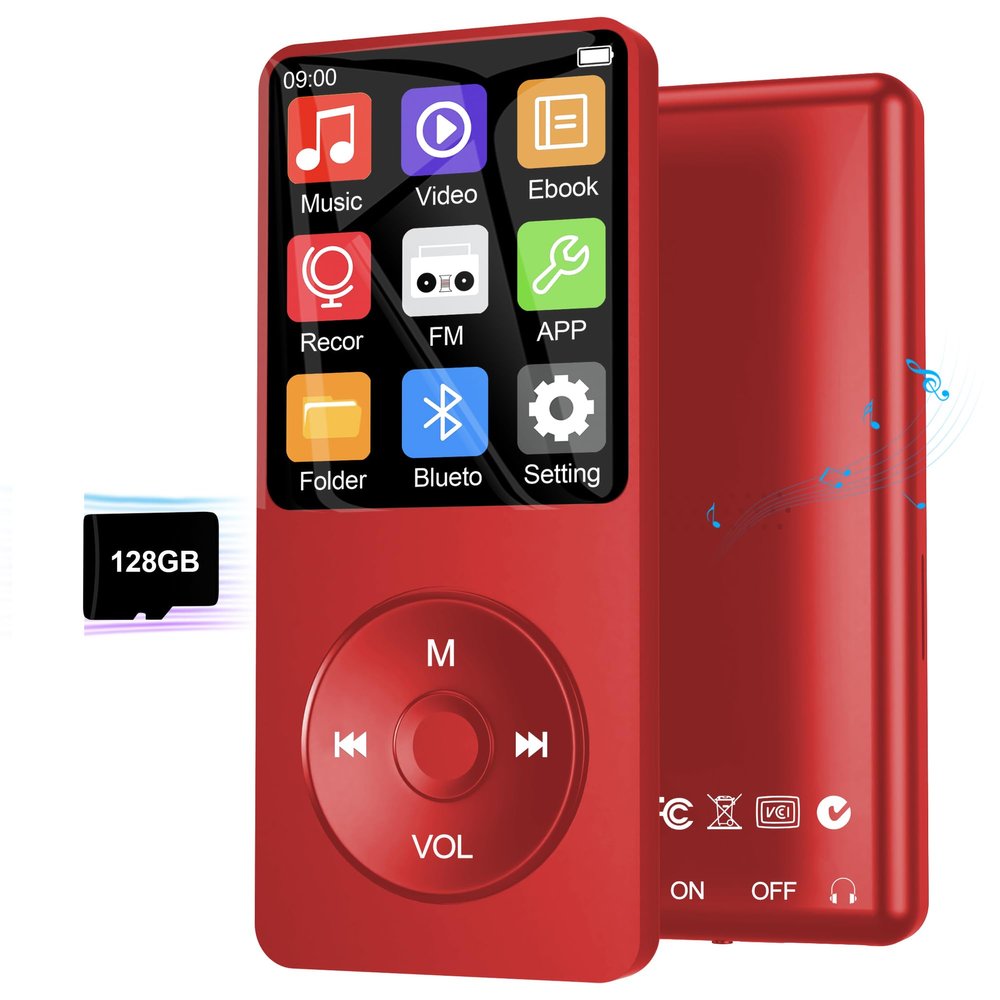 128GB MP3 Player with Bluetooth 5.3, Ninsiden 1.8-Inch Music Play Built-in HiFi Speaker,Portable MP4/MP3 Player for Kids with Music,Video,FM Radio, E-Book Reader, Voice Record, Photo Viewer, Red