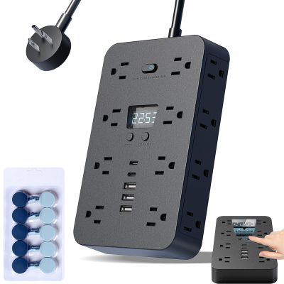 16-in-1 Power Strip with Switch & Surge Protection, ETL Listed Fireproof Power Strip, with 6 Outlets, 2 USB-A & 2 USB-C Ports, 1 Clock, Powers Button & Super Long Cord (Black,10FT)