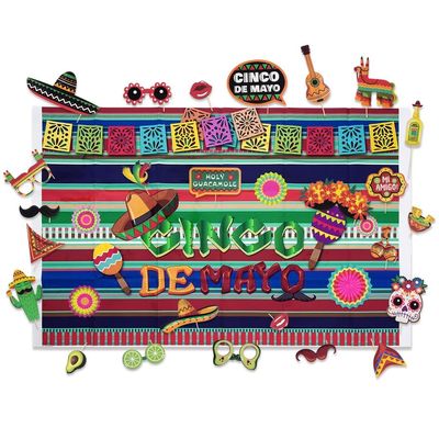 DirectNine Basics Cinco De Mayo Party Photo Booth Kit, Mexican-Themed Photography Backdrop & Props, Celebration Decorations Set