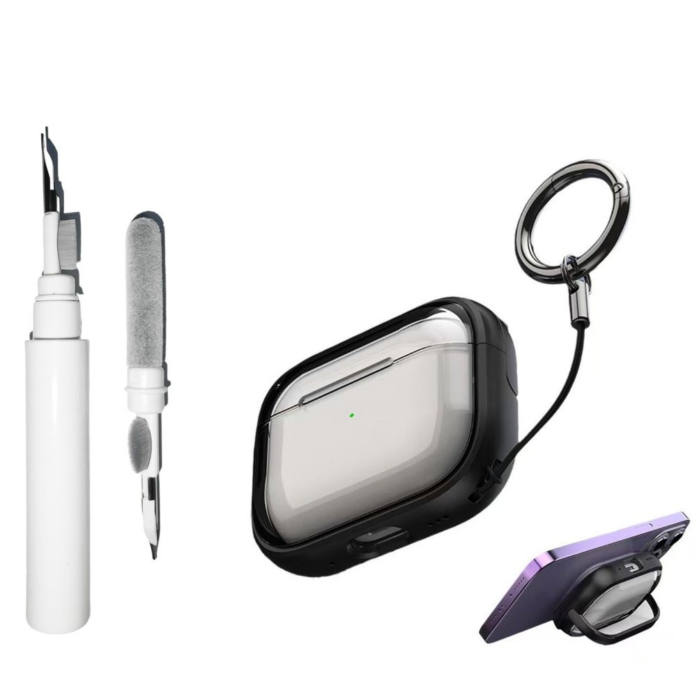 [3 in 1] Lock Case Compatible with AirPods Pro 3 with Lanyard Keychain and Cleaning Kit, Clear Cute Stand Design Shockproof Anti-Drop Protective Cover for Women Men