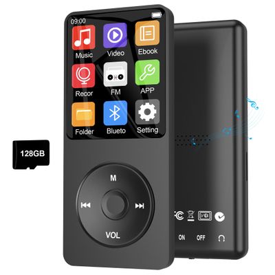 128GB MP3 Player with Bluetooth 5.3, Ninsiden 1.8-Inch Music Play Built-in HiFi Speaker,Portable MP4/MP3 Player for Kids with Music,Video,FM Radio, E-Book Reader, Voice Record, Photo Viewer, Black