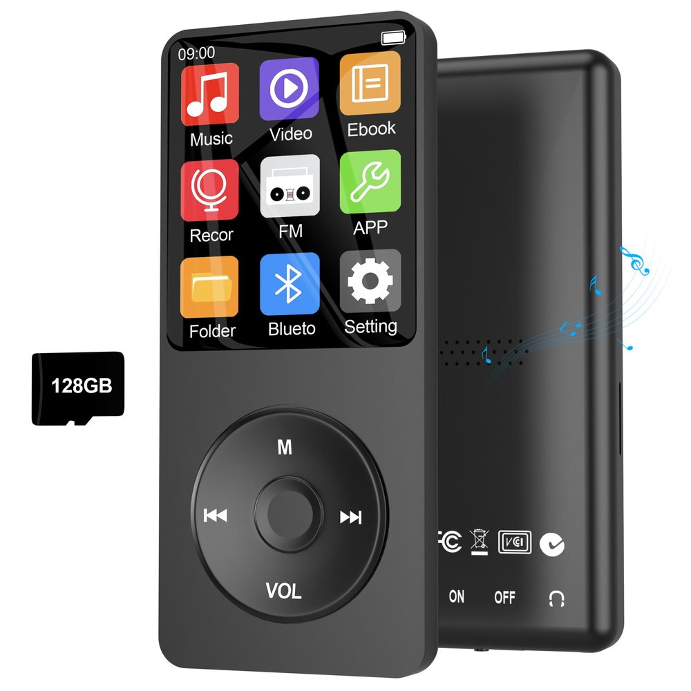 128GB MP3 Player with Bluetooth 5.3, Ninsiden 1.8-Inch Music Play Built-in HiFi Speaker,Portable MP4/MP3 Player for Kids with Music,Video,FM Radio, E-Book Reader, Voice Record, Photo Viewer, Black