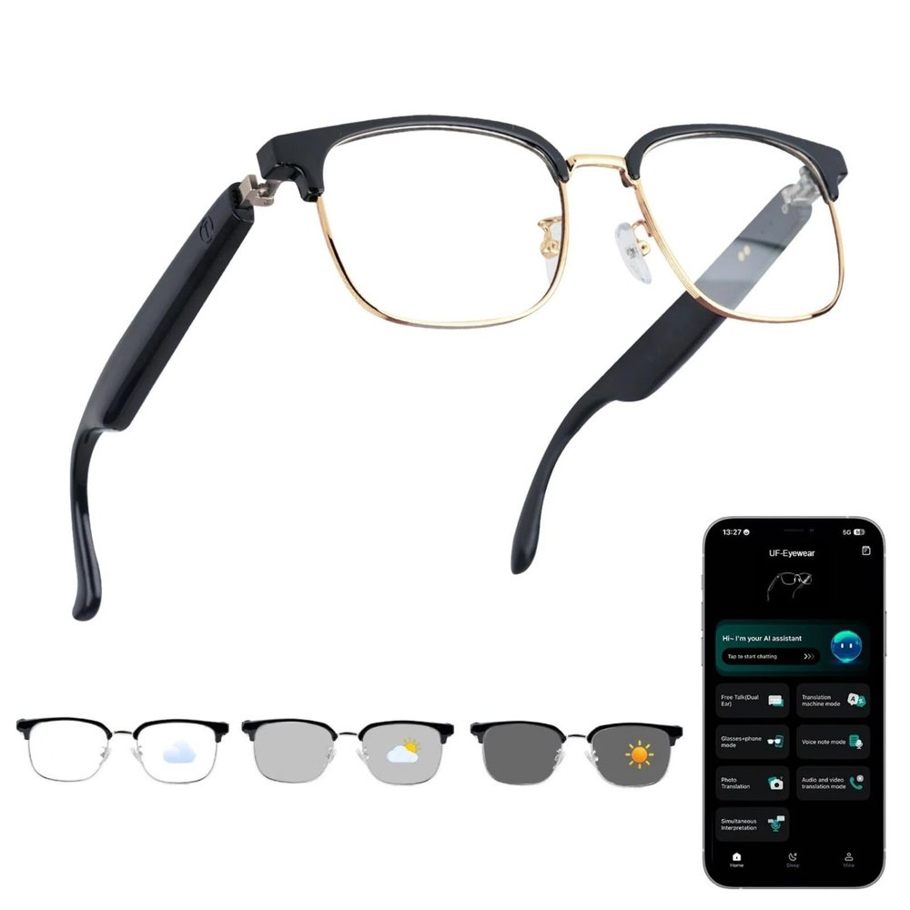 AI Smart Glasses, Bluetooth Audio Glasses with Real-Time Translator for 164 Languages, No subscription for APP, Photochromic Lens, Spring Hinges, Bluetooth Glasses for Travel/Work/Study(Gold)