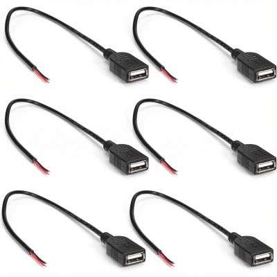 6PCS 22awg USB Pigtail Cable USB Female Pigtail 2 Wire 5V 5A Cable 1FT Upgrade Black USB-2.0 Female Plug Type 2 Core Bare Open End Extension Connectors with Quick Wire Cables Connector for DIY Repair