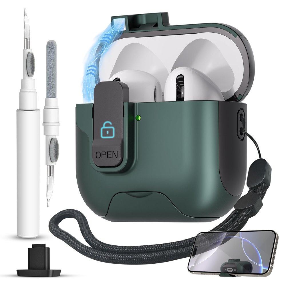 for AirPods 4 Case with Secure Lock,Automatic Magnetic Lock with Phone Holder Function,Shockproof Hard Protective Cover Cleaner Kit for Apple AirPod 4th Generation Case 2024(Dark Green-A)