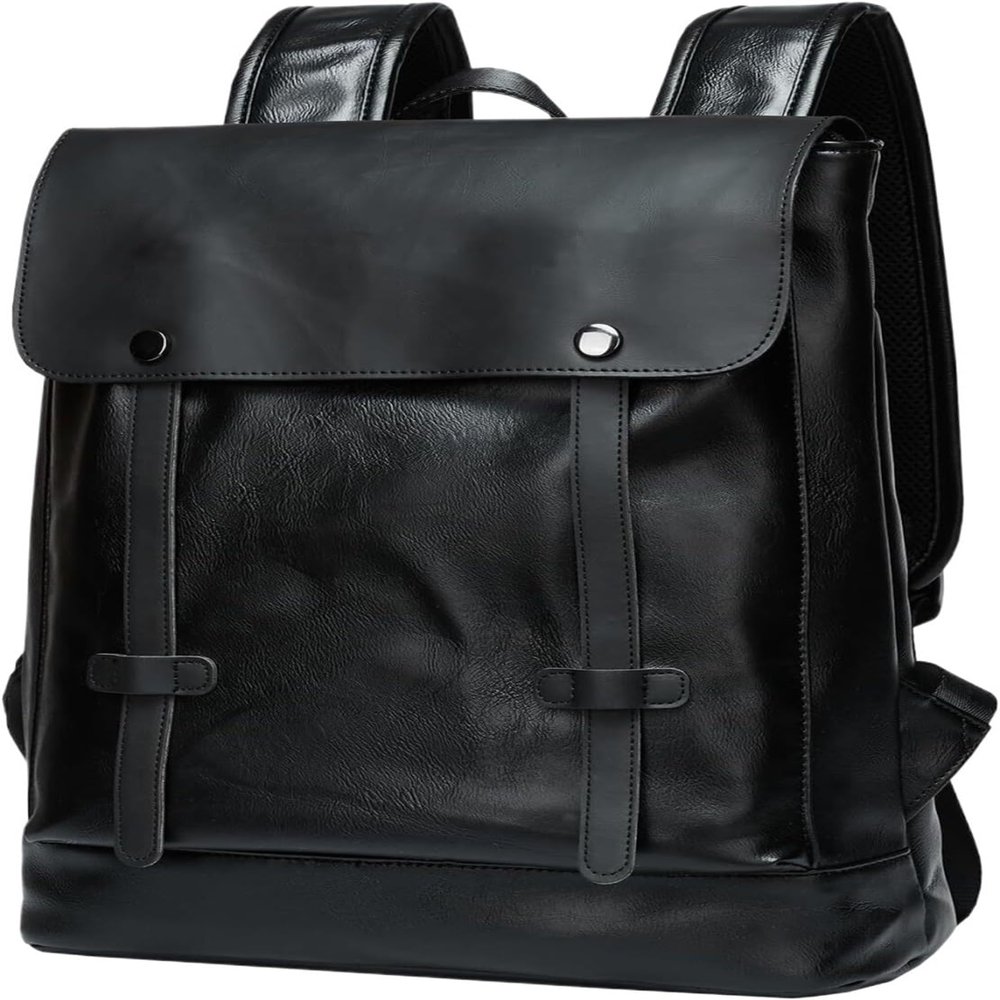 WERTKN Leather Laptop Backpack Waterproof Fits 14" Camping Overnight Weekend Business Casual Men Black