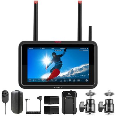 Atomos Ninja TX 5.2" Camera-Cloud Monitor/Recorder - Professional HDR Resolution Touchscreen Display with Universal Power Kit & Aluminum Alloy 1/4" Camera Hot Shoe Mount (2 Pack), Advanced Bundle Kit