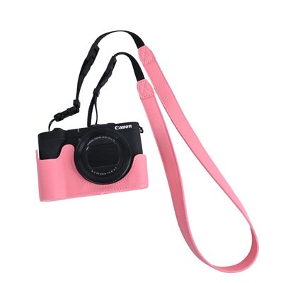 V1 Case, PU Leather Camera Bag Bottom Opening Half Body Case Cover Shell for Canon Powershot V1 with Neck Strap (Pink)