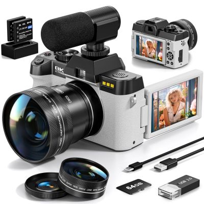 8K Digital Cameras for Photography, 64MP vlogging Camera with 180Flip Screen2 Batteries, 64GB TF Card16X Zoom, WiFi,Microphone, Wide & Macro Lens Kit (White)