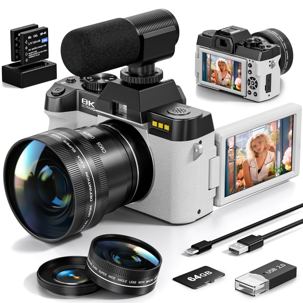8K Digital Cameras for Photography, 64MP vlogging Camera with 180Flip Screen2 Batteries, 64GB TF Card16X Zoom, WiFi,Microphone, Wide & Macro Lens Kit (White)