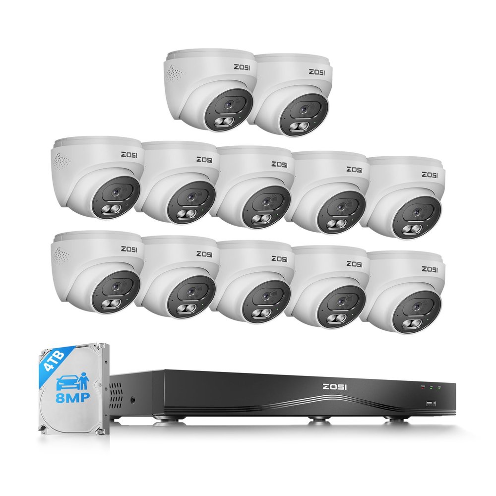 ZOSI C220 4K 8MP 16CH POE NVR Security Camera System (32CH Expandable), 12 x 8MP PoE IP Cameras Outdoor Indoor, 24/7 Recording, AI Human/Vehicle/Face Detection, Two-Way Talk, Night Vision, 4TB HDD