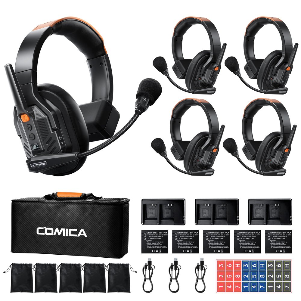 COMICA Seekcom S1 Wireless Intercom Headset System, 2.4GHz Full-Duplex 5-Person Communication Headset with AI/ENC Noise Reduction, 500m/1640ft, PTT Mute, OLED Display for Film, TV, Broadcast, Live