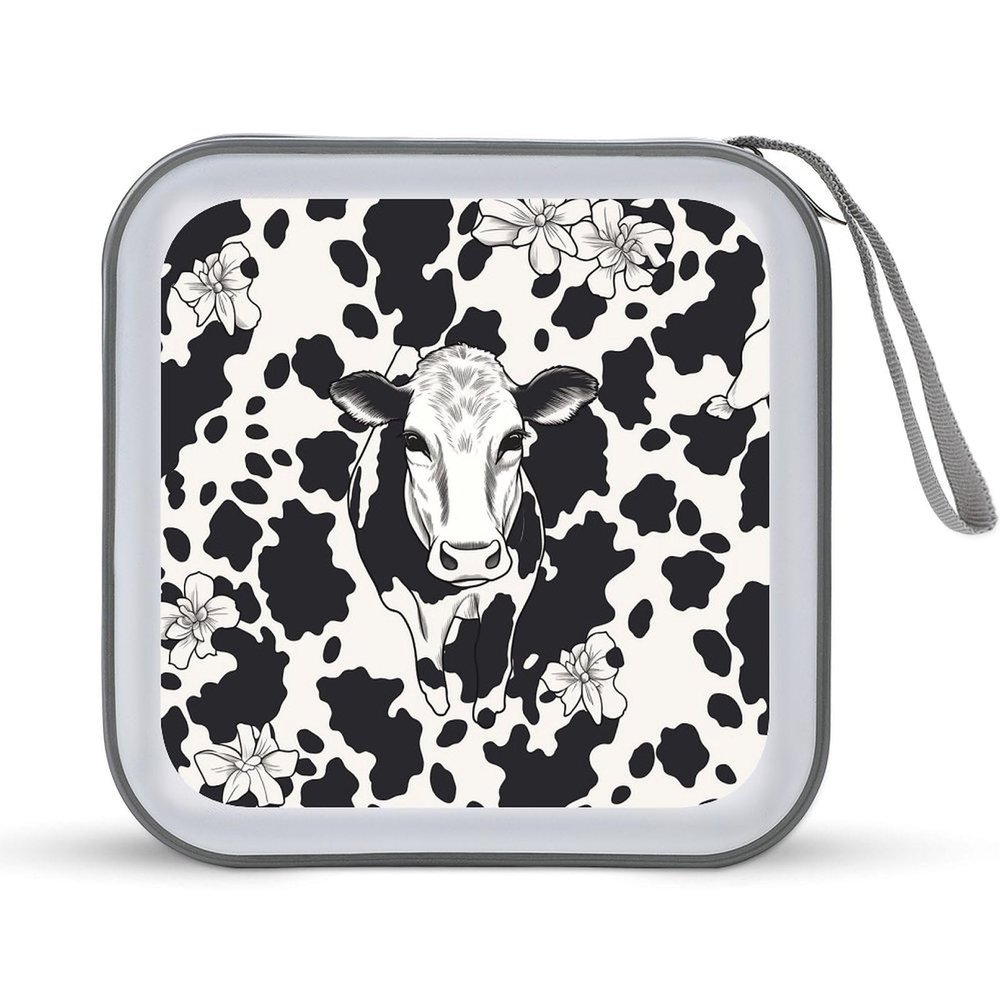 FekiLoot Black And White Cowm DVD Case,Portable Zipper DVD Storage Case CD Collection Bag EVA Protective Blu-ray Wallet Portable Disc Storage Wallet Bag for Car, Home, Office