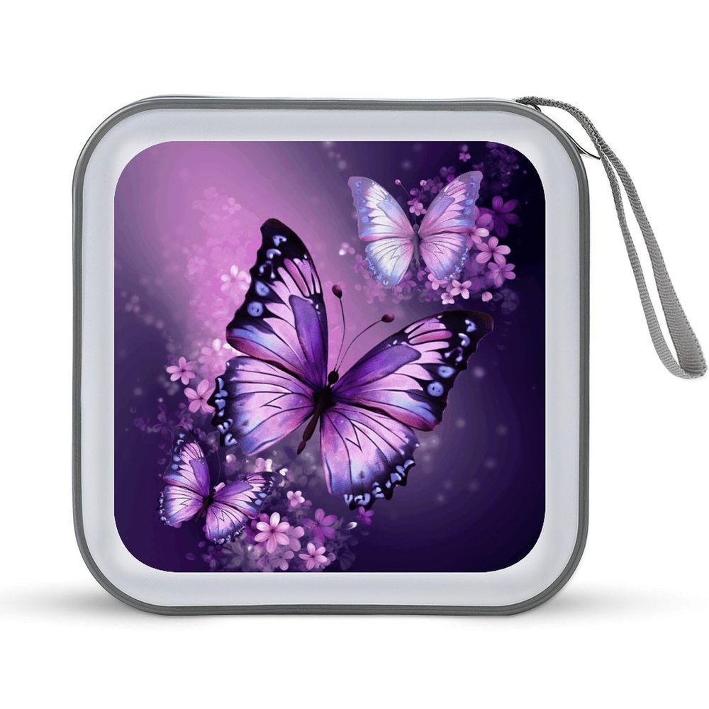 FekiLoot Beautiful Purple Butterfly Art DVD Case,Portable Zipper DVD Storage Case CD Collection Bag EVA Protective Blu-ray Wallet Portable Disc Storage Wallet Bag for Car, Home, Office