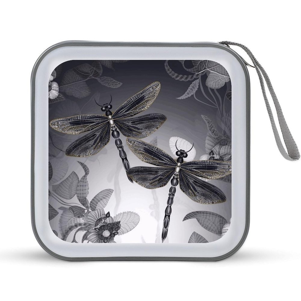 FekiLoot Dragonflies Grey DVD Case,Portable Zipper DVD Storage Case CD Collection Bag EVA Protective Blu-ray Wallet Portable Disc Storage Wallet Bag for Car, Home, Office