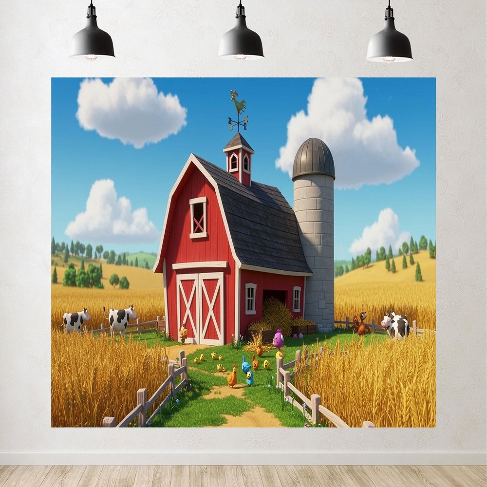 Trykid 17x10ft Farm Backdrop Rustic Red Barn Scene with Animals Wheat Field Photography Background for Birthday Party Kids Baby Shower Decoration Photoshoot Studio Props Fabric