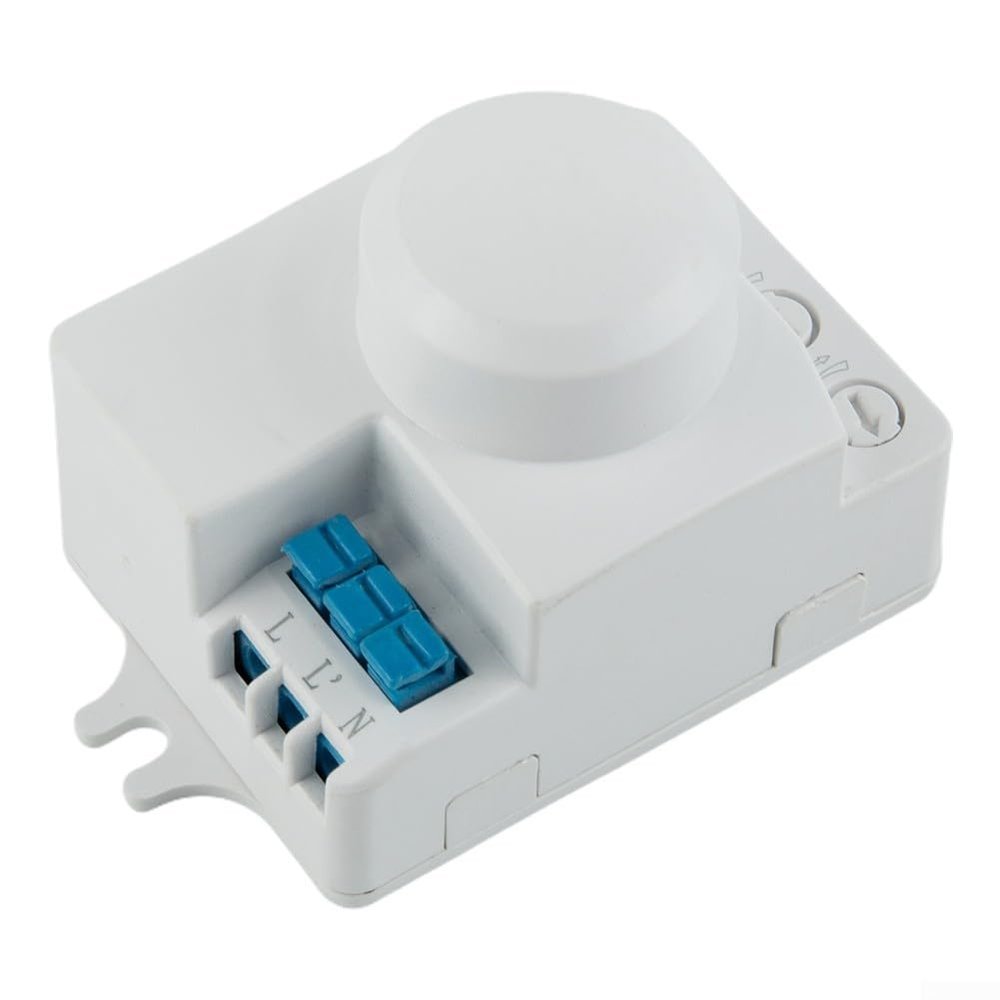Adjustable Microwave Motion Detector with 360 Coverage, 1-10M Range, 10s-12min Timer, IP20 Protection, Works with 1000W Incandescent/700W CFL/150W Halogen-Lamps