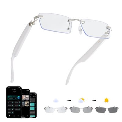 AI Translation Glasses, Bluetooth Eyeglasses with Real-Time Translator for 164 Languages, Photochromic Spring Hinge Bluetooth Glasses with Speakers, Rimless Smart Glasses for Travel/Work/Study(Silver)