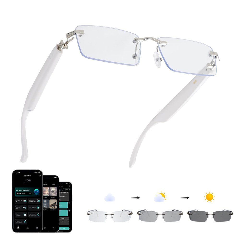 AI Translation Glasses, Bluetooth Eyeglasses with Real-Time Translator for 164 Languages, Photochromic Spring Hinge Bluetooth Glasses with Speakers, Rimless Smart Glasses for Travel/Work/Study(Silver)