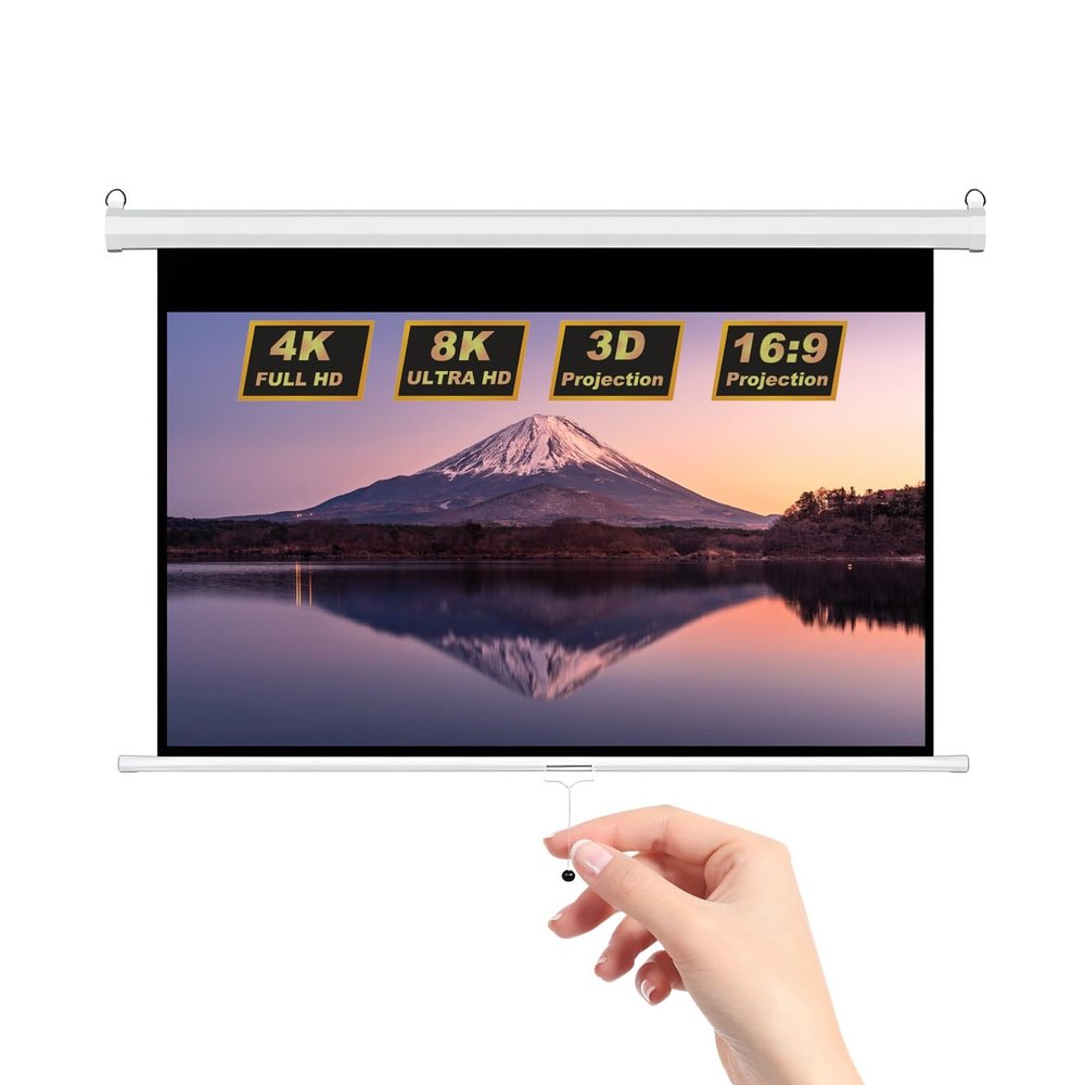 100-Inch Manual Pull-Down Projector Screen, 16:9 3D Projection Movie Screen with Auto-Locking for Home Theater, Ceiling or Wall Mounted