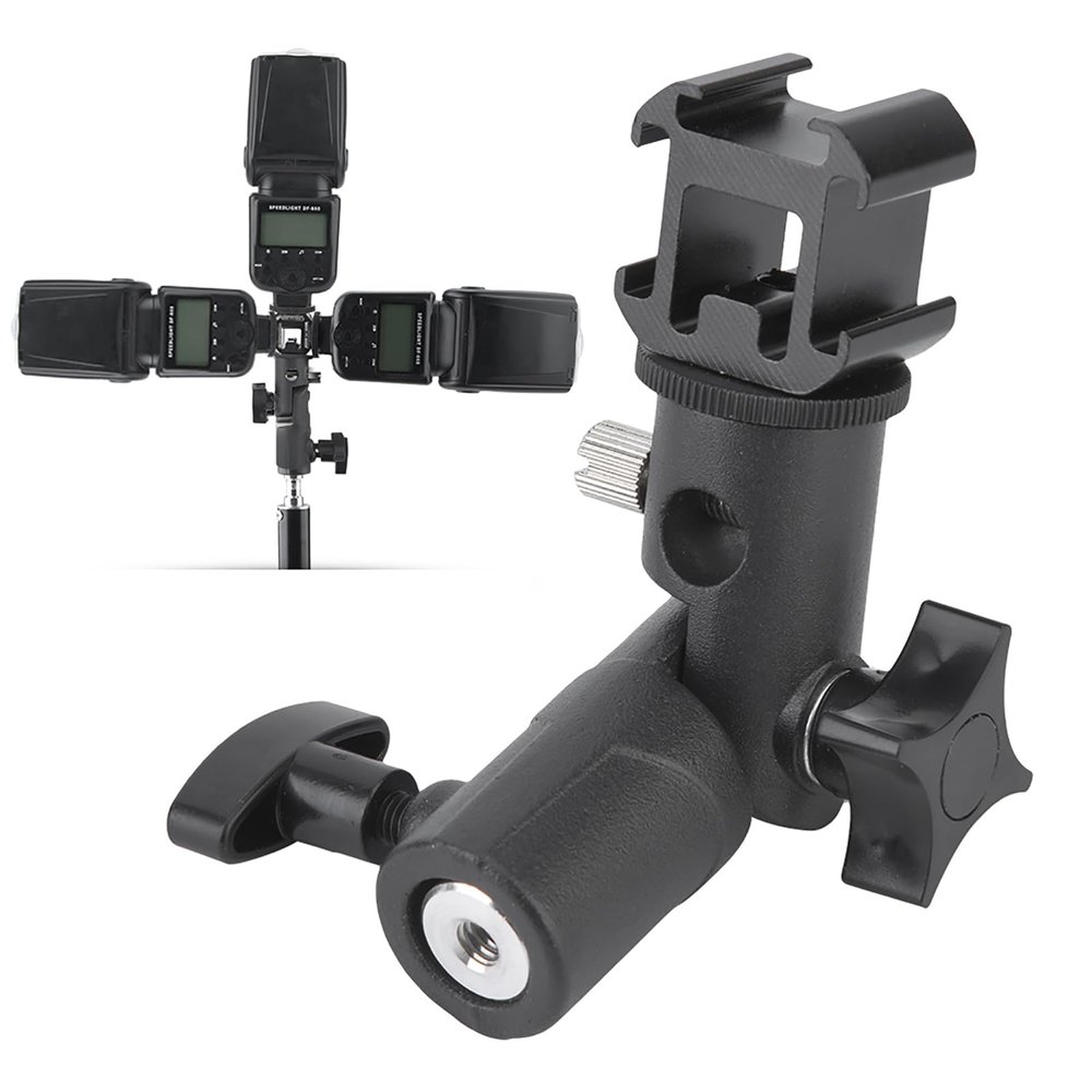 Tbest Triple Hot Shoe Mount Adapter Premium Metal Flash Light Stand Holder Bracket with 3 Adjustable Shoes for DSLR Camera Photography Studio Equipment Black Aluminum Alloy