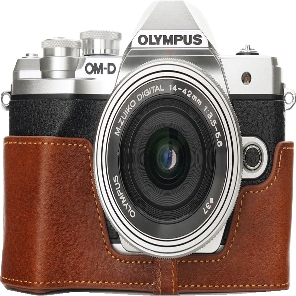 E-M10 III Case, Genuine Leather Bottom Opening Camera Half Case for Olympus OM-D E-M10 Mark III Cover Bag Protecter with Hand Wrist Strap (Brown)