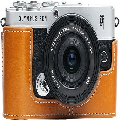 E-P7 Case, Genuine Leather Bottom Opening Camera Half Case for Olympus Pen E-P7 Cover Bag Protecter with Hand Wrist Strap (Yellow)