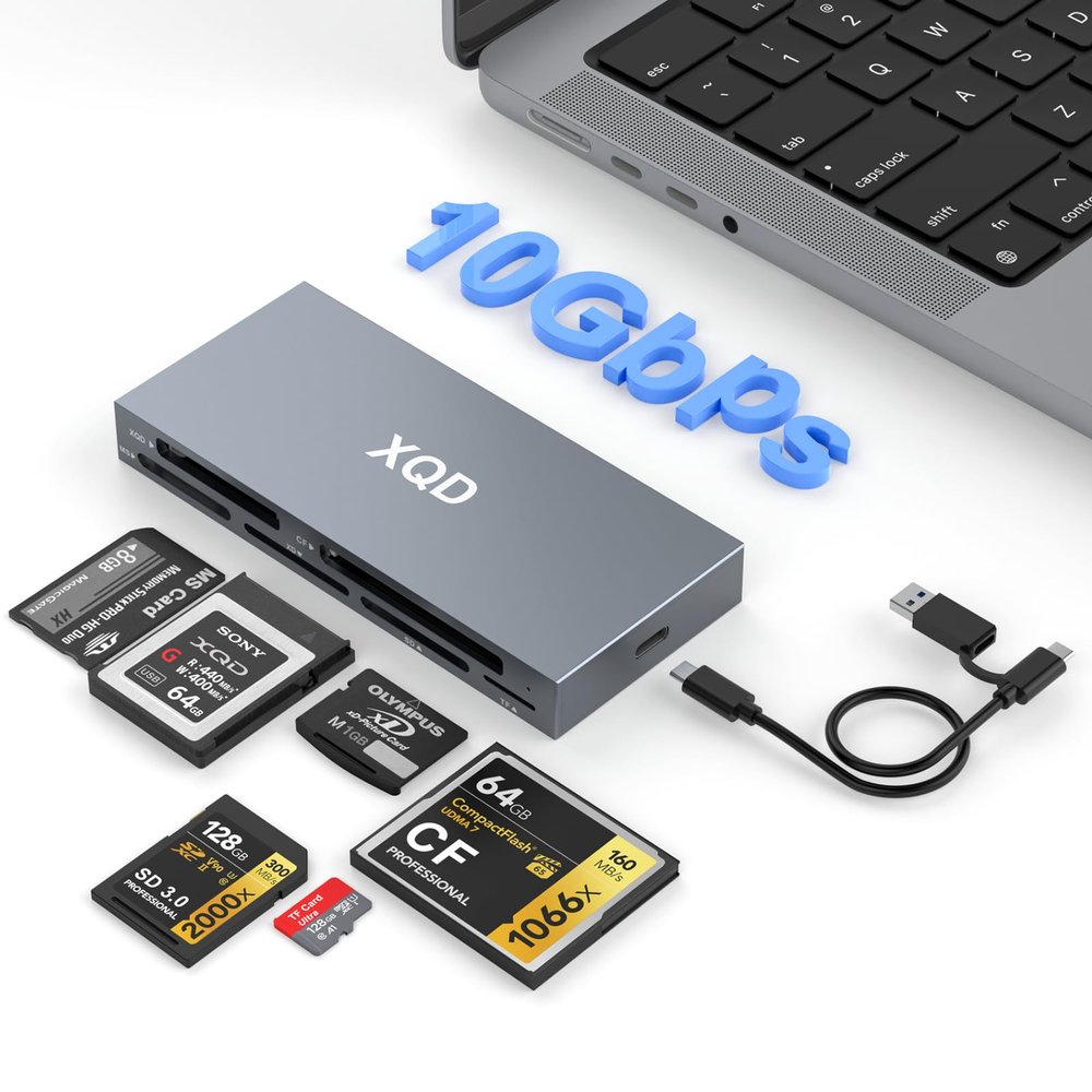 10Gbps XQD Card Reader 8 in 1 Multi-Card Reader USB C for Sony G/M Series, Lexar 2933x/1400x USB Mark XQD Card/CF/XD/MS/TF/SD Memory Card Reader/Writer/Hub USB 3.2 for Windows/Linux/Mac OS/Android