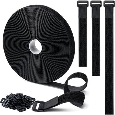 1" x32Ft Hook and Loop Straps with 50 Plastic Buckles, Adjustable Fastening Cable Straps, Free Cut Length, Reusable Nylon Cable Ties for Organizer or Storage, Black