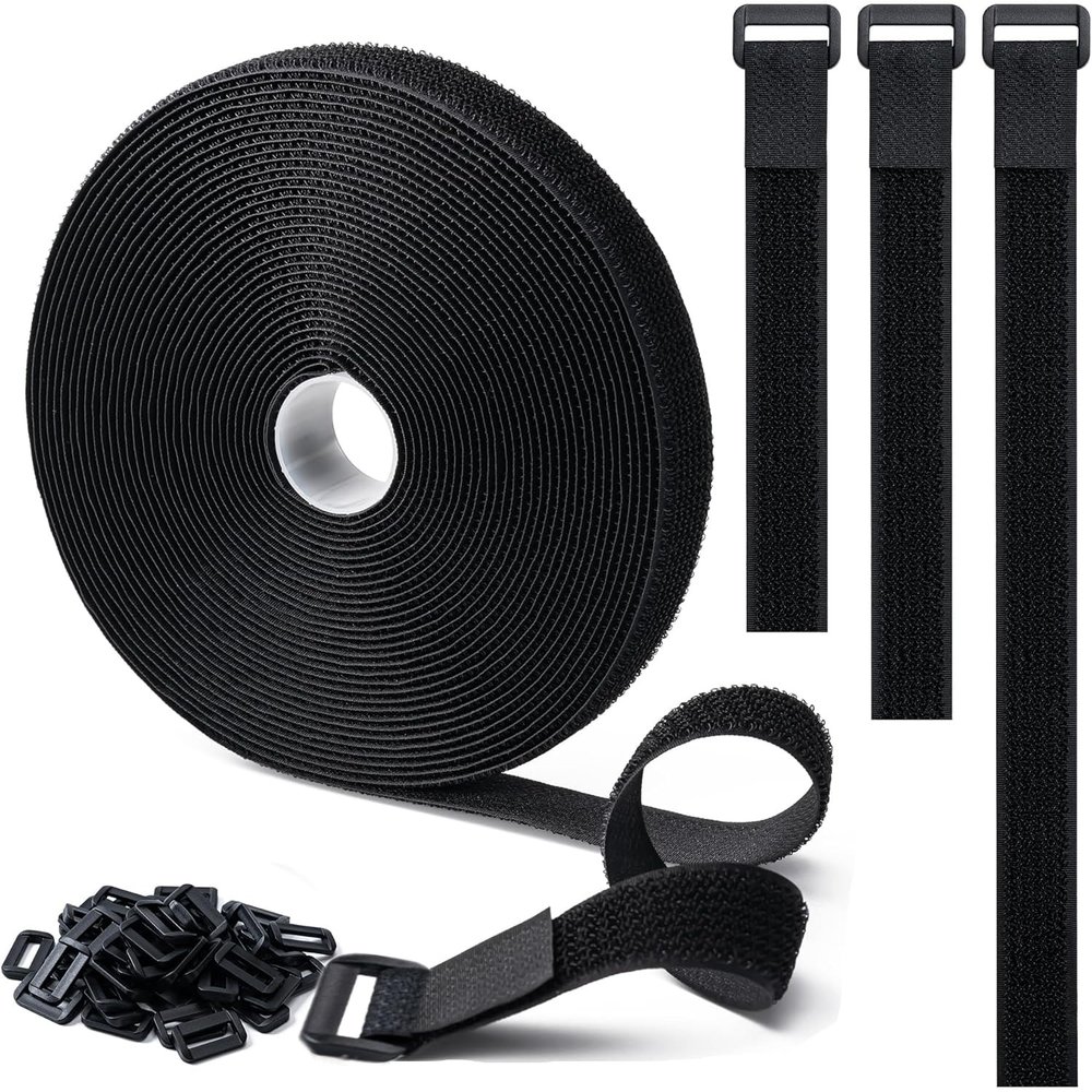 1" x32Ft Hook and Loop Straps with 50 Plastic Buckles, Adjustable Fastening Cable Straps, Free Cut Length, Reusable Nylon Cable Ties for Organizer or Storage, Black