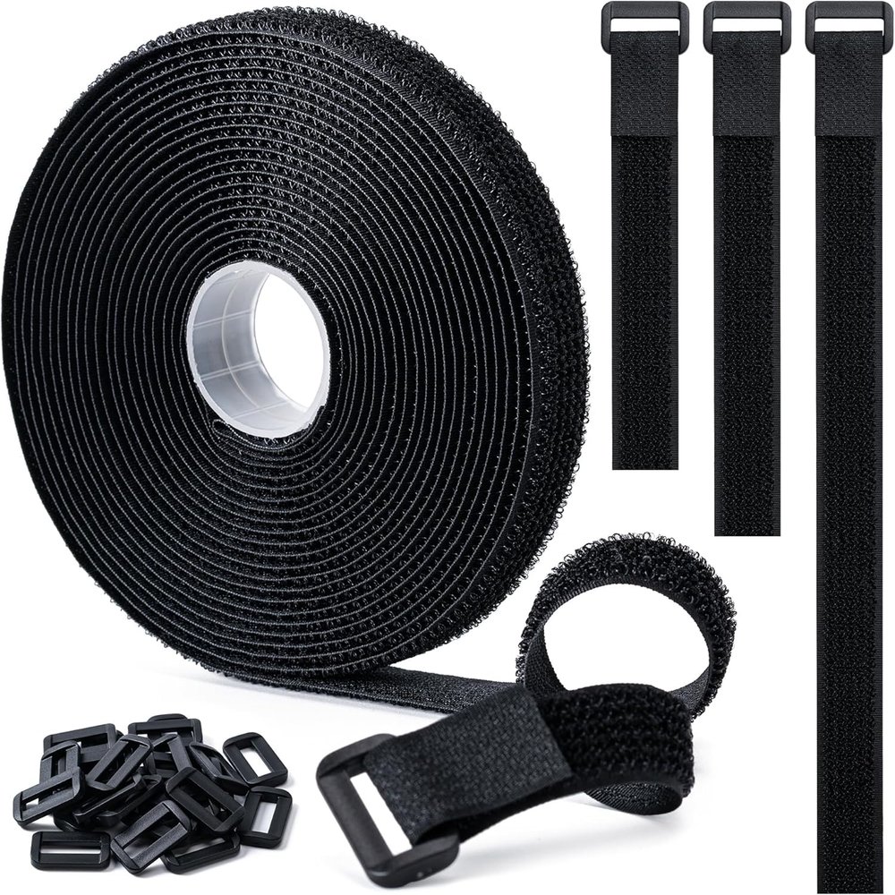 1" x16Ft Hook and Loop Straps with 25 Plastic Buckles, Adjustable Fastening Cable Straps, Free Cut Length, Reusable Nylon Cable Ties for Organizer or Storage, Black