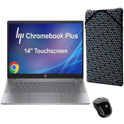 HP Chromebook Plus 14 Laptop (14" FHD Touchscreen, Intel Core i3-N305, 8GB DDR5 RAM, 256GB UFS), 1080p Webcam, Backlit Keyboard, Fast Charge, Wi-Fi 6, Chrome OS w/Wireless Mouse & Protective Sleeve