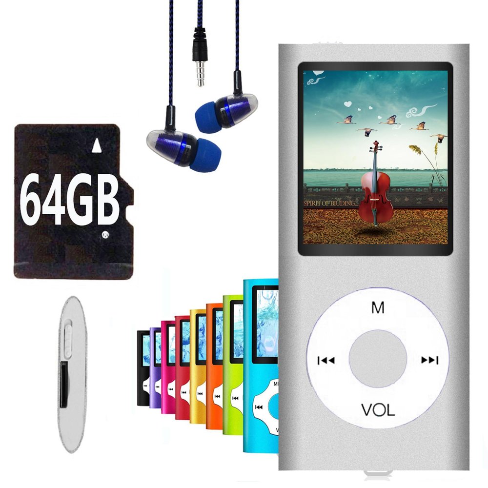 64GB MP3 Player, Hotechs MP3 Music Player with Slim Classic Digital LCD 1.82'' Screen Mini USB Port with FM Radio, Voice Record (Silver)