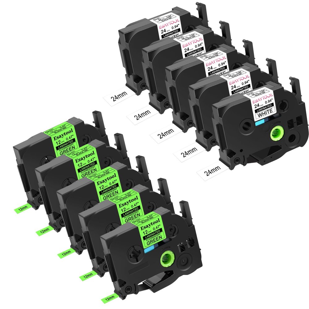 10 Pack Esaytool Replacement for P-Touch TZe-D31 12mm 0.47 Black on Green Fluorescent TZe-251 24mm 0.94 Black on White Laminated Label Tape for Ptouch PT-D600 PT-P710BT PT-E500 PT-1400 Maker