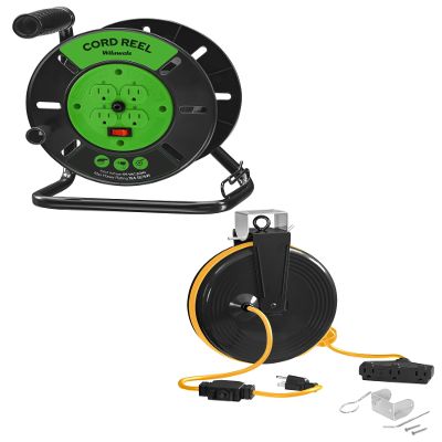 WILAWELS Extension Cord Storage Reel with 4-Grounded Outlets and 30 Ft Retractable Extension Cord Reel Bundle, for Garage and Shop J95CR06-Y30ACR06